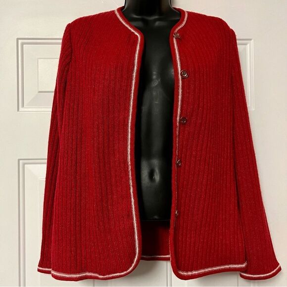 Vintage 1960s 70s Red Ribbed White Gold Enamel button long cardigan sweater S - Picture 1 of 12